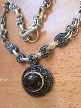 Vintage Large Heavy Floral Design 3-tone metal Necklace with Large Amber Color